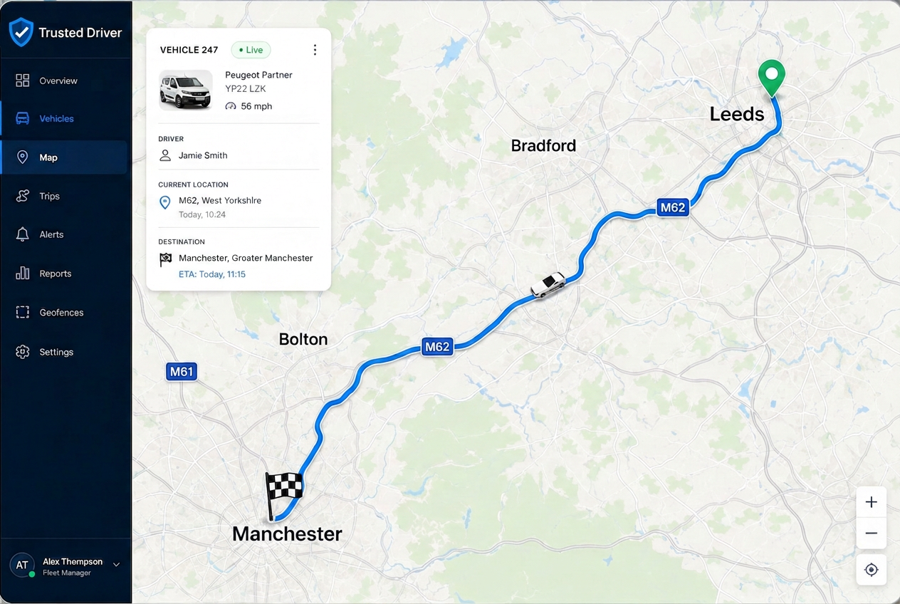 Live vehicle route from collection in Leeds to delivery in Manchester