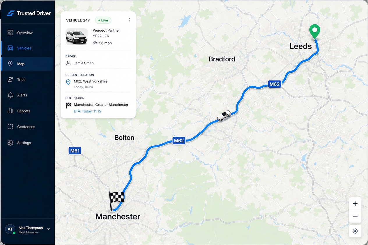 Live tracking dashboard showing a Leeds to Manchester delivery route on the UK map