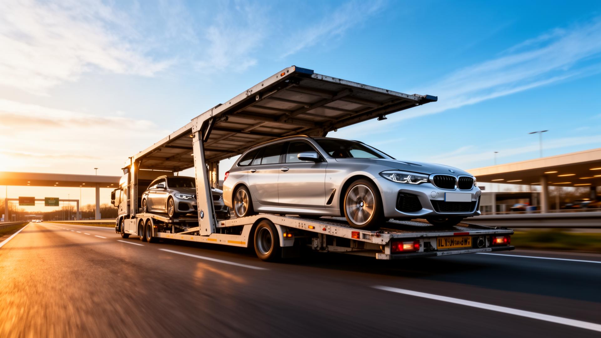 Covered car transporter loading a silver BMW estate on a UK motorway at golden hour